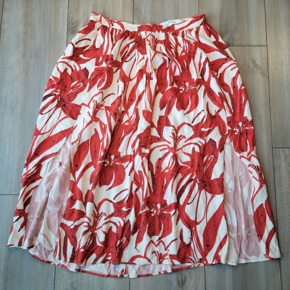 Mango Red and White Floral A-Line Skirt